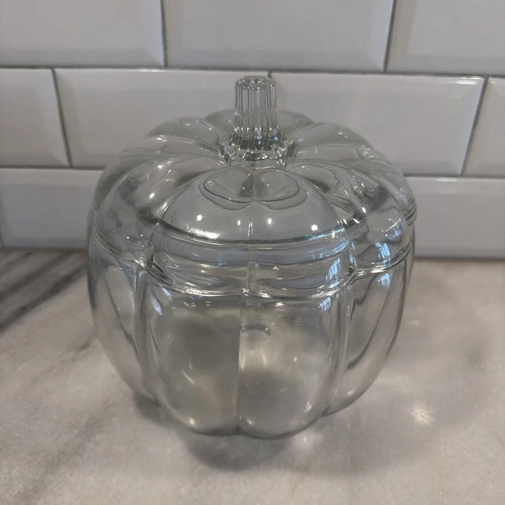 Vintage Anchor Hocking Glass Pumpkin Cookie Jar With Lid Halloween Fall OLA003